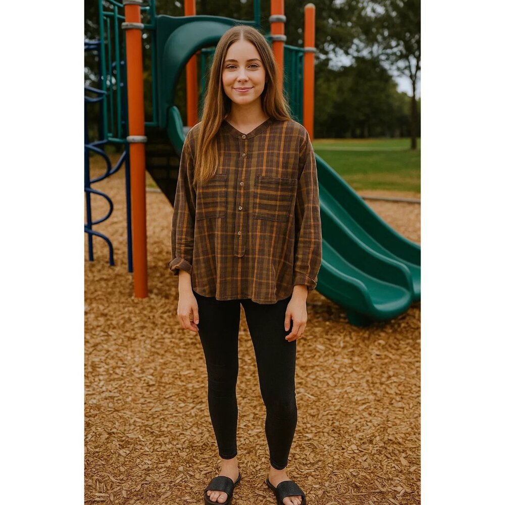 Armani Jeans Womens Oversized Plaid Button Down Shirt L Brown Cotton